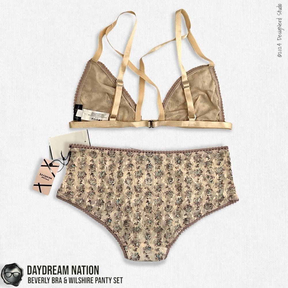 DAYDREAM NATION BEVERLY BRA & WILSHIRE PANTY SET IN TAN DAINTY FLORAL MESH LACE - Picture 7 of 14